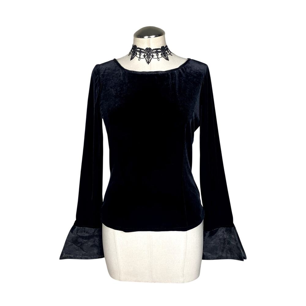 Vtg 90's Velvet FItted Flare Sleeve Whimsigoth Goth Vampire Long Sleeve Blouse S